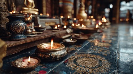 Serenity illumination: A meditative atmosphere created by candles in a temple
