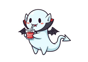 Fototapeta premium Cute cartoon vampire ghost character drinking tomato juice image
