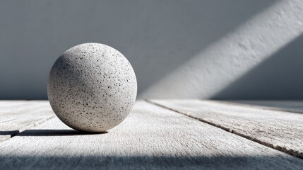 Spherical speckled object casting shadow on sunlit wooden surface