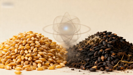 Piles of wheat grains and dark seeds with soil, featuring an atomic symbol overlay