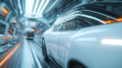 Futuristic automotive vehicle speeds through a technologically advanced tunnel system