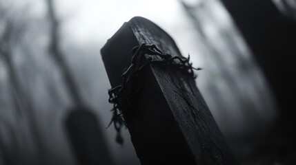 Dark and moody close-up of an aged tombstone with a thorny vine in a misty cemetery