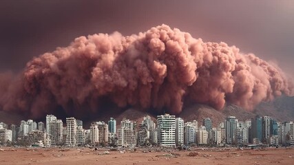 Dust storm engulfing city, dramatic environmental impact and climate change visual