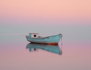 Naklejka premium Tranquil, pastel-hued sunrise over still water, antique teal boat