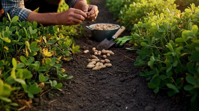 Gardener examines peanut plants in late season comparing pod color and size to decide the precise moment for harvesting by manual inspection.