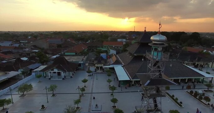 Beautiful Aerial Drone Landscape Demak Mosque Indonesia Sunset Sky