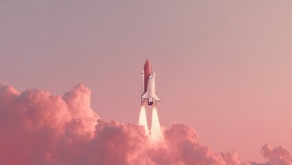 Fototapeta premium Space rocket launching through soft pink clouds at sunset