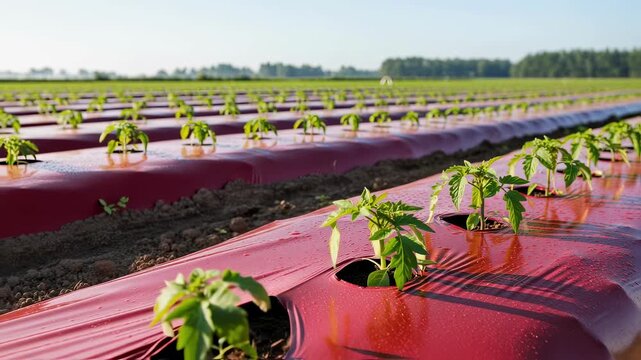 Medium shot of vibrant red plastic mulch covering rows of crops highlighting effective moisture retention and soil temperature control in plasticulture farming.