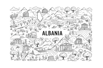 Obraz premium Exploring albanian landscapes scenic views nature illustrations artistic cartography. Vector illustration