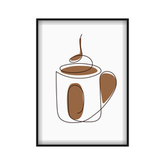 One line drawing coffee cup. Modern minimal art, aesthetic contour. Continuous line mug with steam for logo, card, sticker, emblem, label, prints, t-shirt design, poster, banner. Vector illustration.