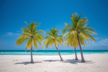 Fototapeta premium Lucid Origin: Serene Tropical Beach Landscape with Three Palm Trees Against a Bright Turquoise Ocean and Blue Sky