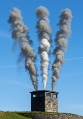 Industrial Chimney Fire with Thick Black Smoke and Flames – Disaster Concept, Pollution, Air Emissions, Factory Accident,