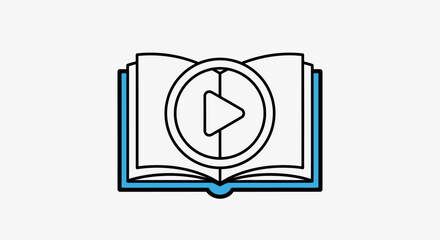 Open book with play button icon representing digital learning and multimedia content