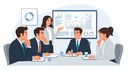 Business meeting with a presenter explaining charts on a screen to a group of attentive colleagues