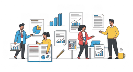 A group of diverse business professionals collaborating on a project, analyzing charts and data on laptops and documents isolated on transparent background