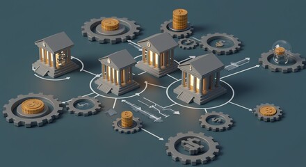 Financial Institution Buildings with Gears and Coins Representation of Banking and Economy