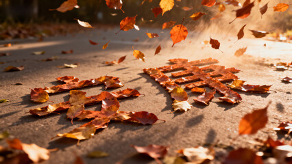 Autumn leaves scattered on pavement with sunlight casting shadows, forming patterns on the ground