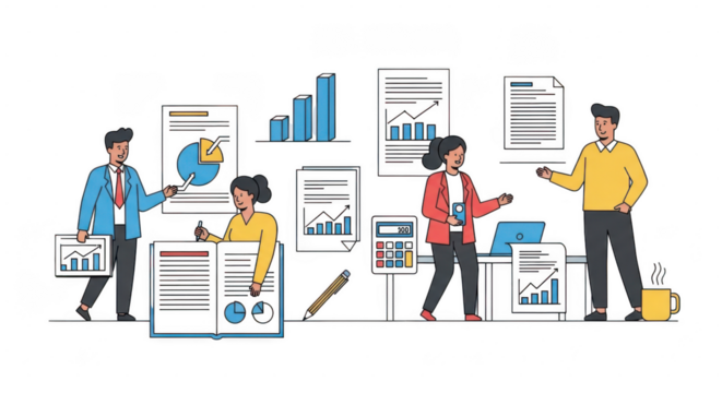 A group of diverse business professionals collaborating on a project, analyzing charts and data on laptops and documents isolated on transparent background
