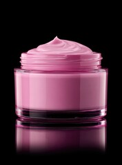 Pink cosmetic cream jar open, glossy,  reflects black