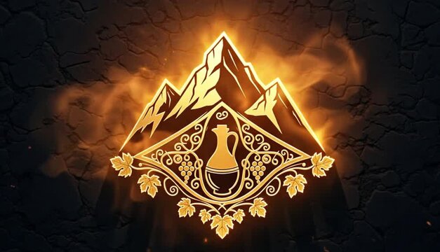 Golden glowing emblem with mountain silhouette, grapes, and jug symbol, fiery abstract background, luxury wine logo animation with burning effect, perfect for branding, identity, and presentations