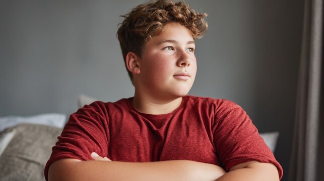 Man in red shirt standing indoors.