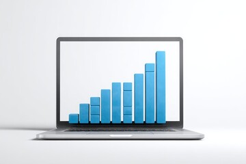 Laptop displaying a rising blue bar graph