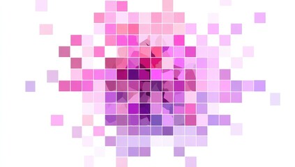 Abstract pixelated explosion of pink and purple squares on white background
