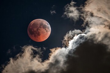 Lunar eclipse or blood full moon with clouds on AI Generated