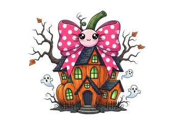 Cute Halloween pumpkin house with pink bow and ghosts cartoon