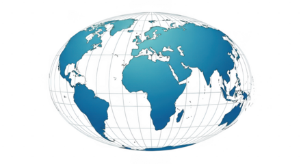 A stylized 3d globe showing continents and longitude lines on a transparent background