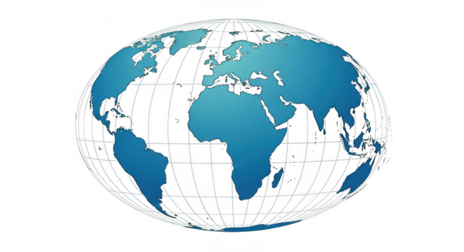 A stylized 3d globe showing continents and longitude lines on a transparent background