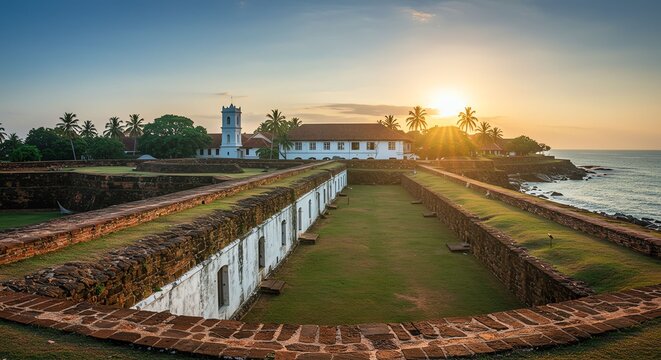 Historic Coastal Fortress with Lighthouse at Sunset in Tropical Destination - Powered by Adobe
