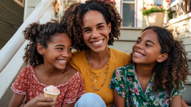 Woman and two children smiling at camera.