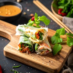 Fresh spring rolls on wooden board