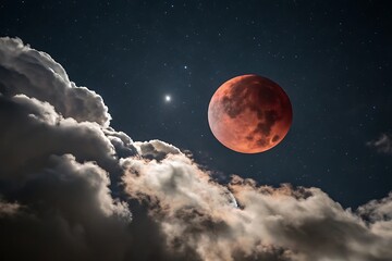 Lunar eclipse or blood full moon with clouds on AI Generated