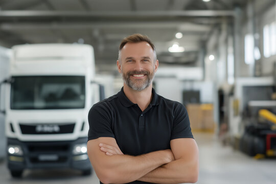 Smiling warehouse manager with arms crossed in front of trucks in transport industry background