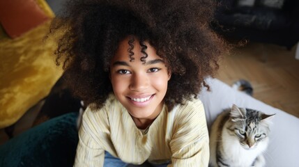 Woman posing with cat.