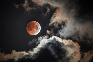Lunar eclipse or blood full moon with clouds on AI Generated