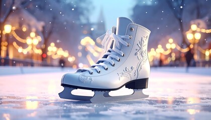 A close-up of a pristine white ice skate resting on a frozen rink, festive background with bokeh lights