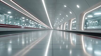 Futuristic White Tunnel with Neon Lights and Reflective Floor in a Cinematic Style