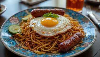 A plate of spaghetti with fried egg, sausages, and cucumber garnishes.  The dish is attractively arranged, showcasing appetizing food elements.