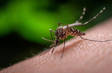 Fototapeta premium Closeup of a mosquito biting human skin with green blurred background
