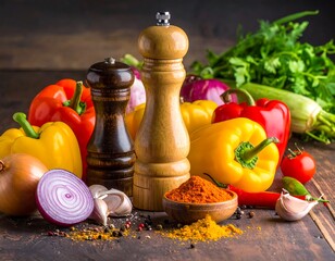 Fresh vegetables and spices on rustic wood