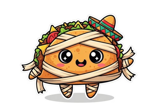 Cute mummy taco character wearing a sombrero with bandages and big eyes food - Powered by Adobe