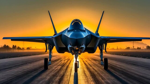 Fighter Jet Ready for Takeoff at Sunrise Dramatic Front View on Runway