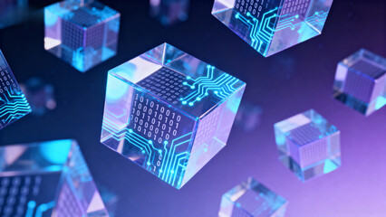 Floating transparent cubes with circuit patterns and binary code, glowing in a digital space
