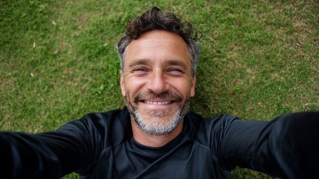 Man smiling in grassy field. - Powered by Adobe