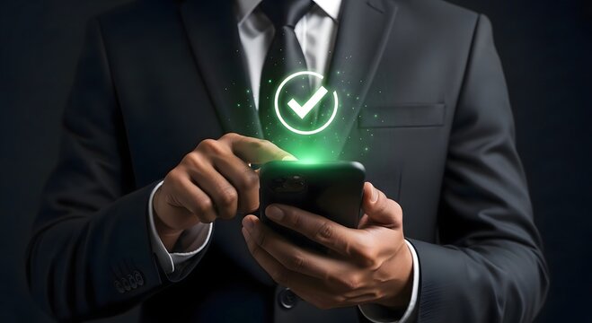 A businessman in a suit using a smartphone with a glowing checkmark hovering above the screen in dark scene