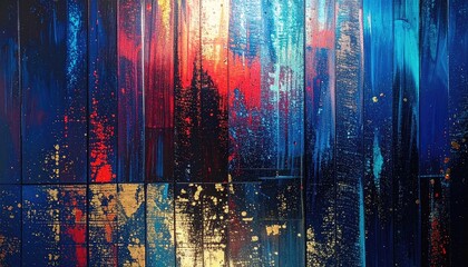 Abstract painting on wood panels. Vibrant colors, including deep blues, reds, golds, and blacks, are layered in vertical stripes.  Brushstrokes and splatters create a dynamic texture