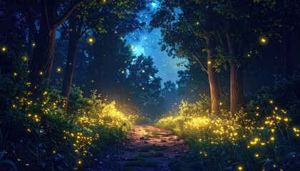 Enchanted Forest Path Illuminated by Magical Fireflies at Night.